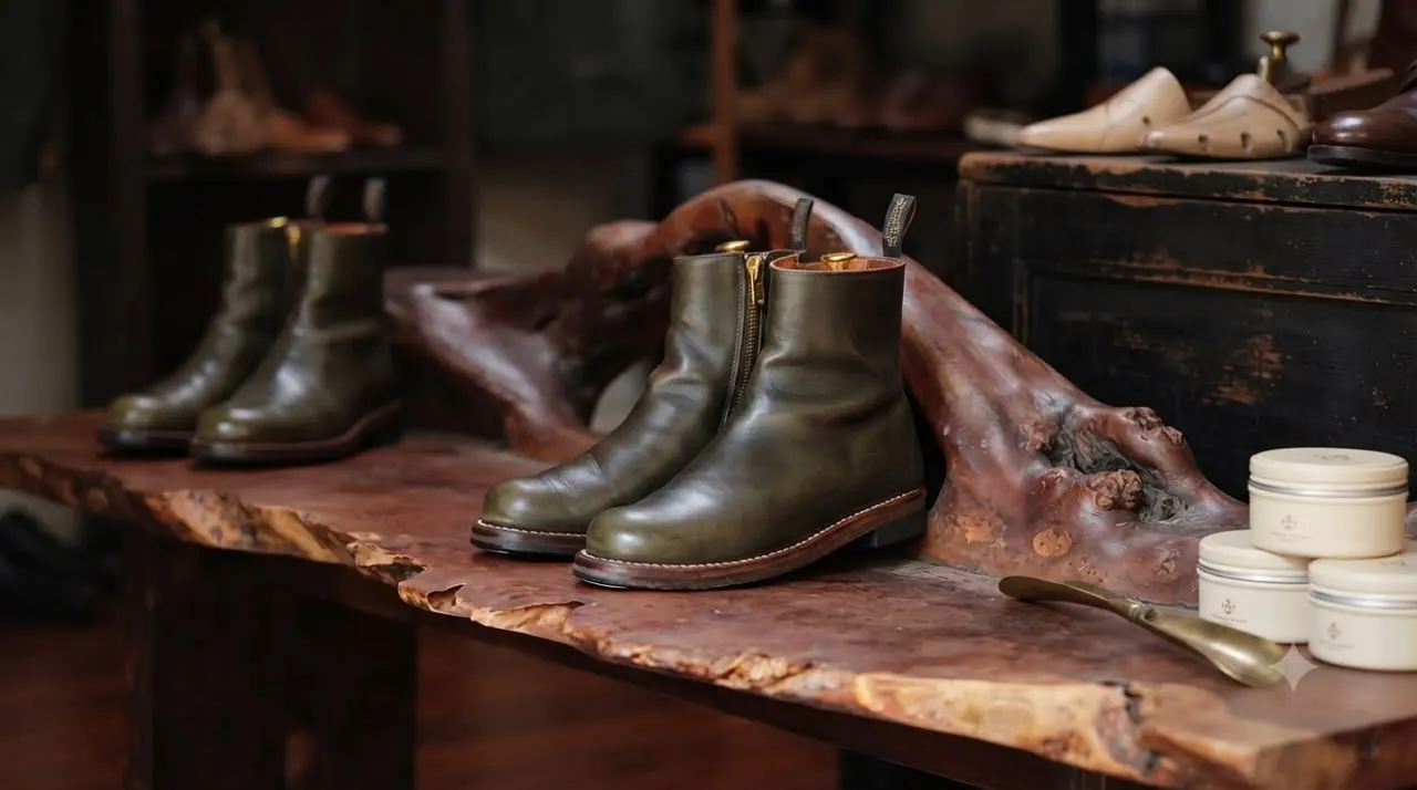 Red Wing Heritage boots di atas workbench